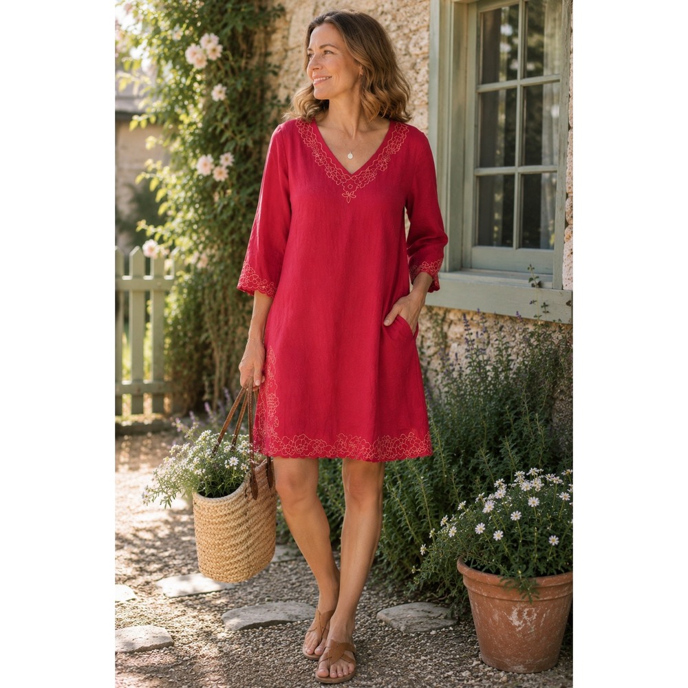 Orvis Linen Blend Embroidered Dress Womens 16 Coral Boho Cottagecore Midi